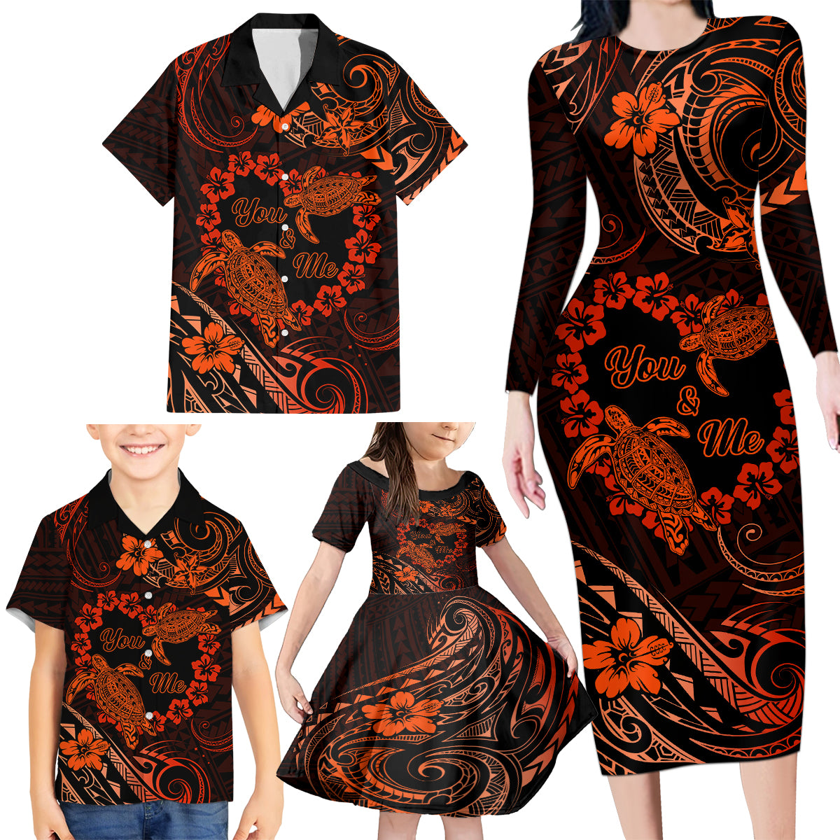 Polynesian Turtle Valentine Family Matching Long Sleeve Bodycon Dress and Hawaiian Shirt You And Me Orange Hibiscus Heart LT01 - Polynesian Pride