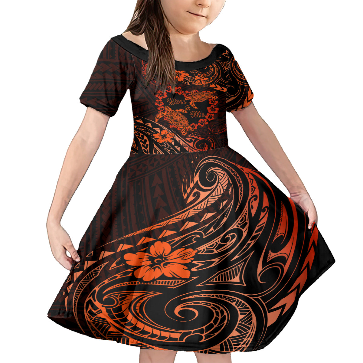 Polynesian Turtle Valentine Family Matching Mermaid Dress and Hawaiian Shirt You And Me Orange Hibiscus Heart LT01 Daughter's Dress Orange - Polynesian Pride