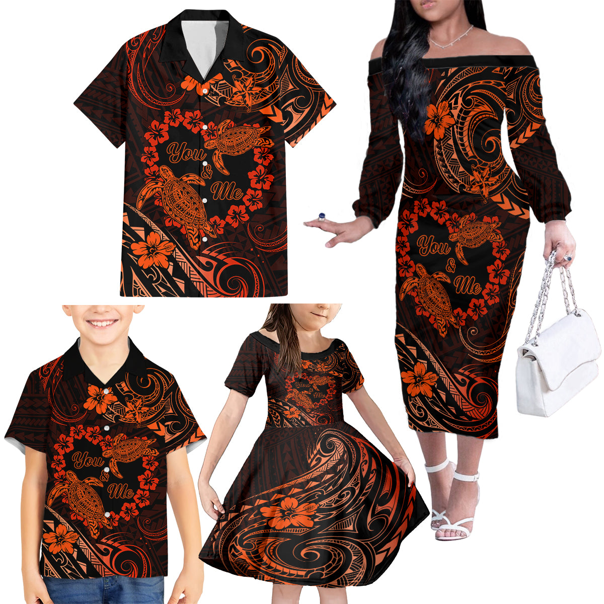 Polynesian Turtle Valentine Family Matching Off Shoulder Long Sleeve Dress and Hawaiian Shirt You And Me Orange Hibiscus Heart LT01 - Polynesian Pride