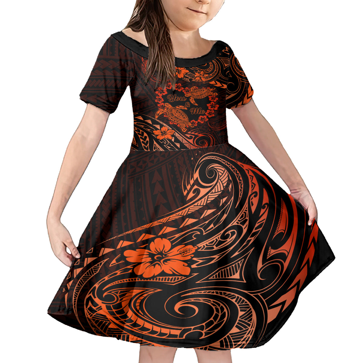 Polynesian Turtle Valentine Family Matching Puletasi and Hawaiian Shirt You And Me Orange Hibiscus Heart LT01 Daughter's Dress Orange - Polynesian Pride