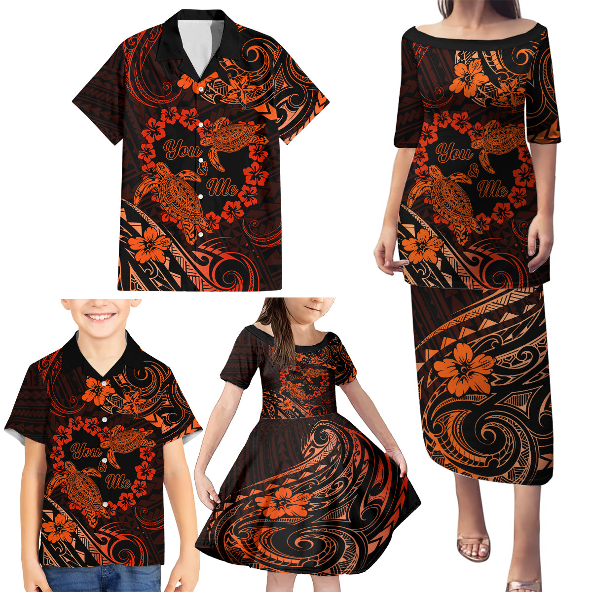 Polynesian Turtle Valentine Family Matching Puletasi and Hawaiian Shirt You And Me Orange Hibiscus Heart LT01 - Polynesian Pride