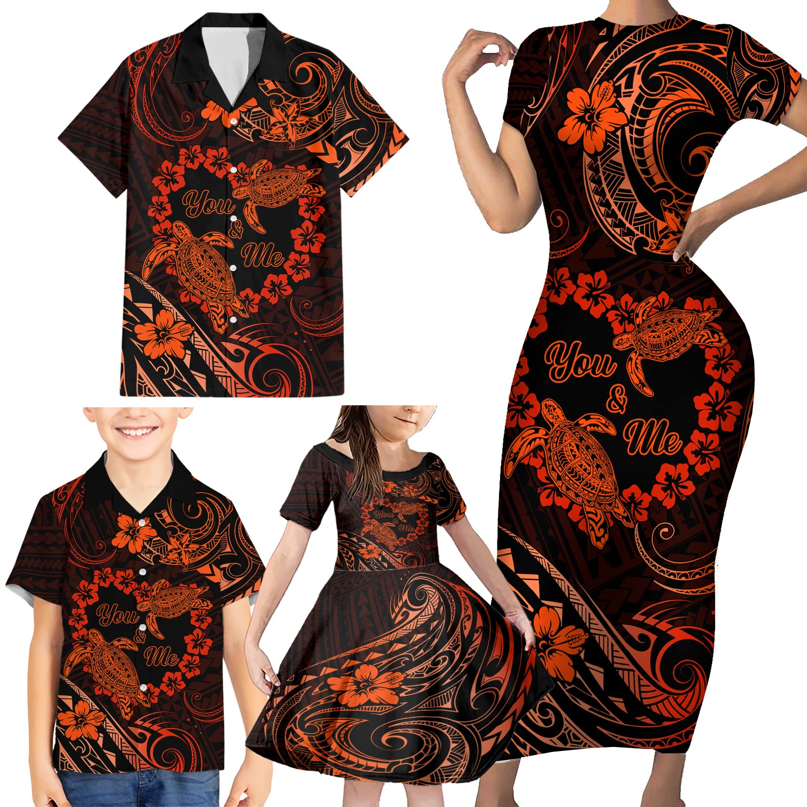 Polynesian Turtle Valentine Family Matching Short Sleeve Bodycon Dress and Hawaiian Shirt You And Me Orange Hibiscus Heart LT01 - Polynesian Pride