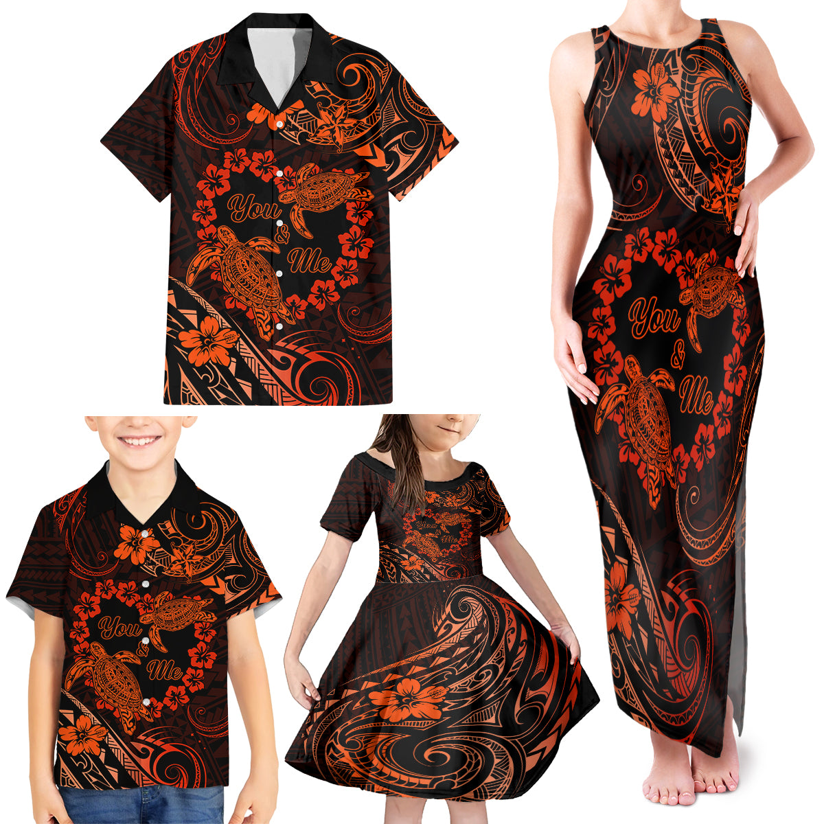 Polynesian Turtle Valentine Family Matching Tank Maxi Dress and Hawaiian Shirt You And Me Orange Hibiscus Heart LT01 - Polynesian Pride