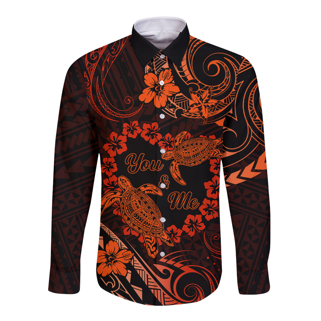Polynesian Turtle Valentine Long Sleeve Button Shirt You And Me Orange Hibiscus Heart LT01 Unisex Orange - Polynesian Pride