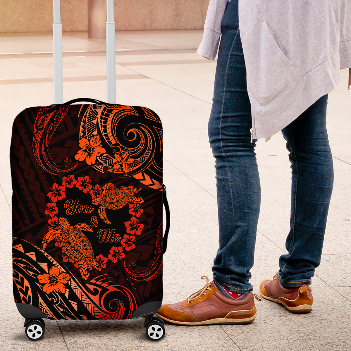 Polynesian Turtle Valentine Luggage Cover You And Me Orange Hibiscus Heart LT01 Orange - Polynesian Pride