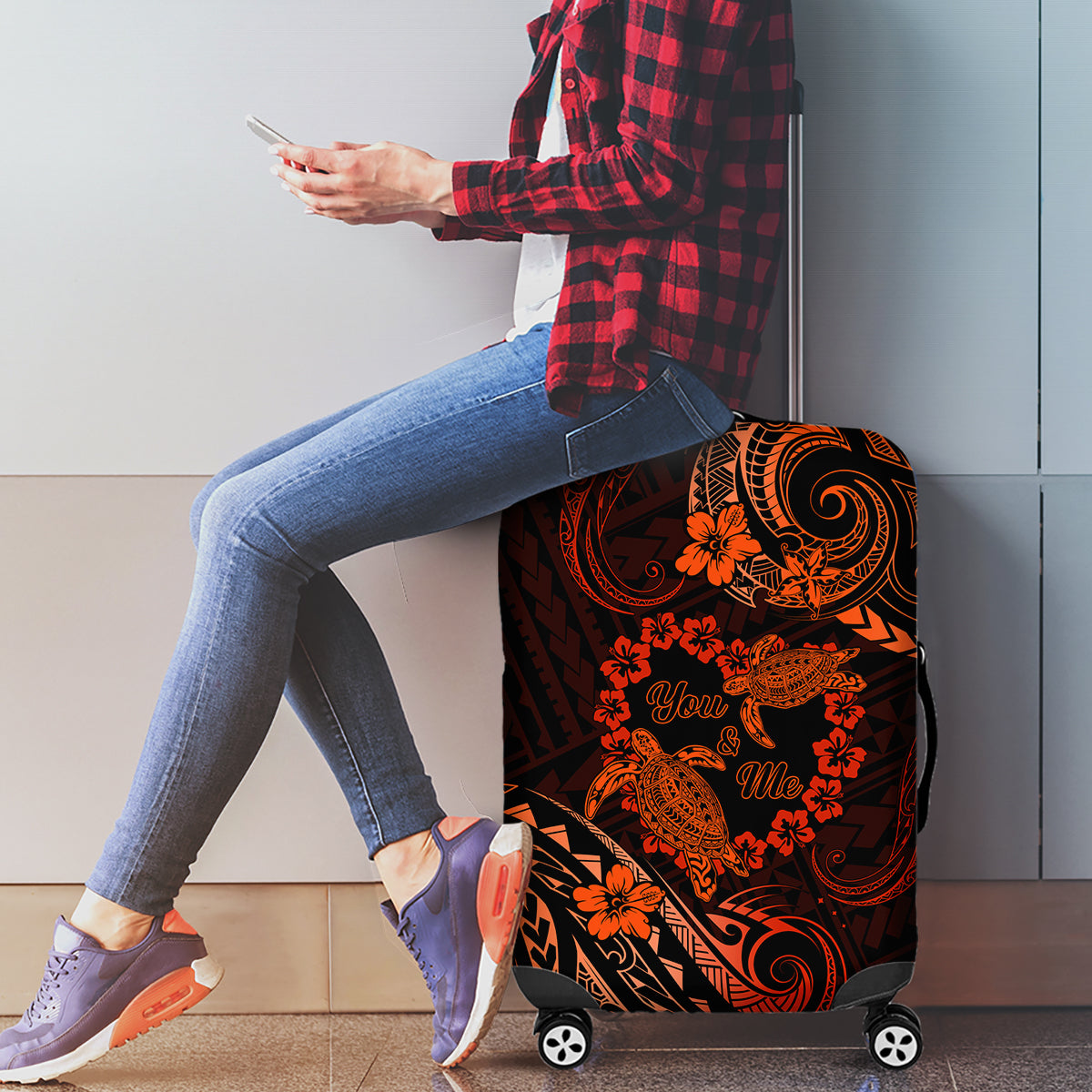 Polynesian Turtle Valentine Luggage Cover You And Me Orange Hibiscus Heart LT01 - Polynesian Pride
