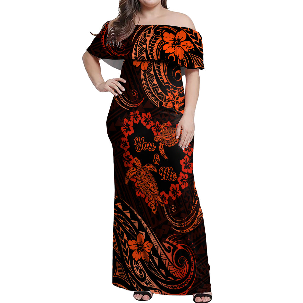 Polynesian Turtle Valentine Off Shoulder Maxi Dress You And Me Orange Hibiscus Heart LT01 Women Orange - Polynesian Pride