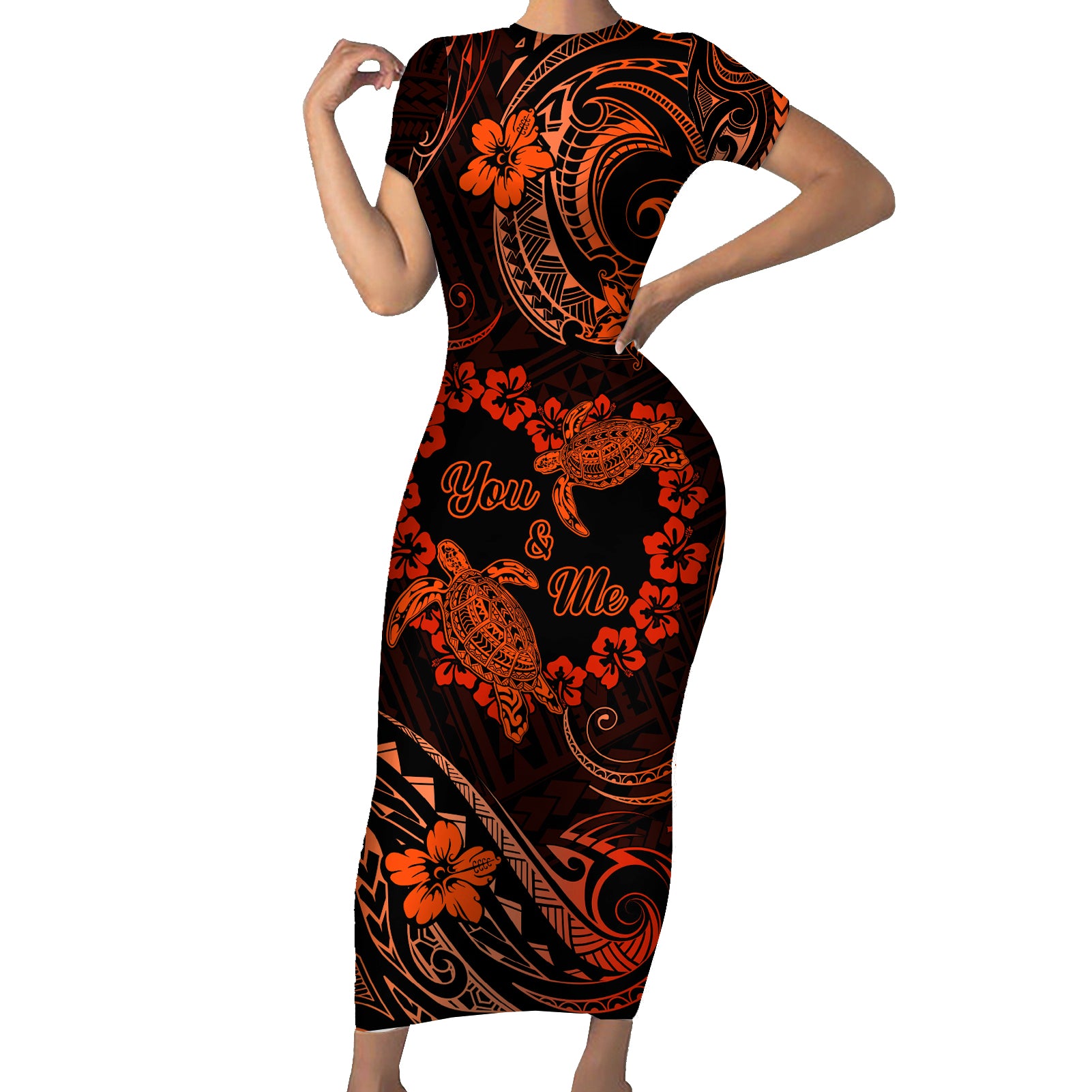 Polynesian Turtle Valentine Short Sleeve Bodycon Dress You And Me Orange Hibiscus Heart LT01 Long Dress Orange - Polynesian Pride