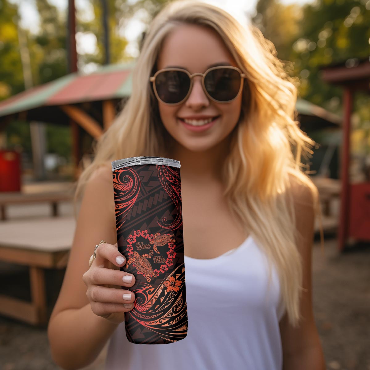 Polynesian Turtle Valentine Skinny Tumbler You And Me Orange Hibiscus Heart LT01 - Polynesian Pride
