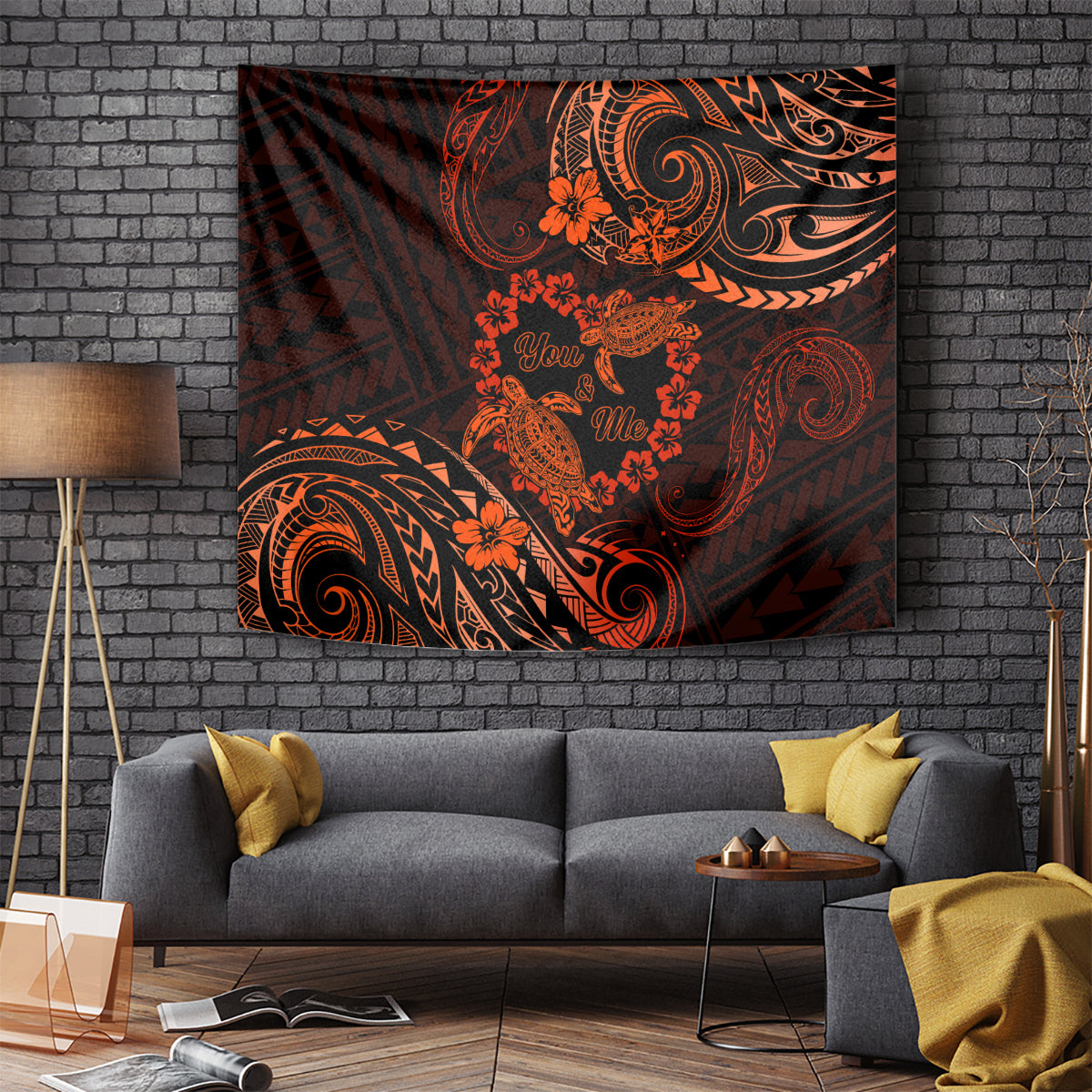 Polynesian Turtle Valentine Tapestry You And Me Orange Hibiscus Heart LT01 Orange - Polynesian Pride