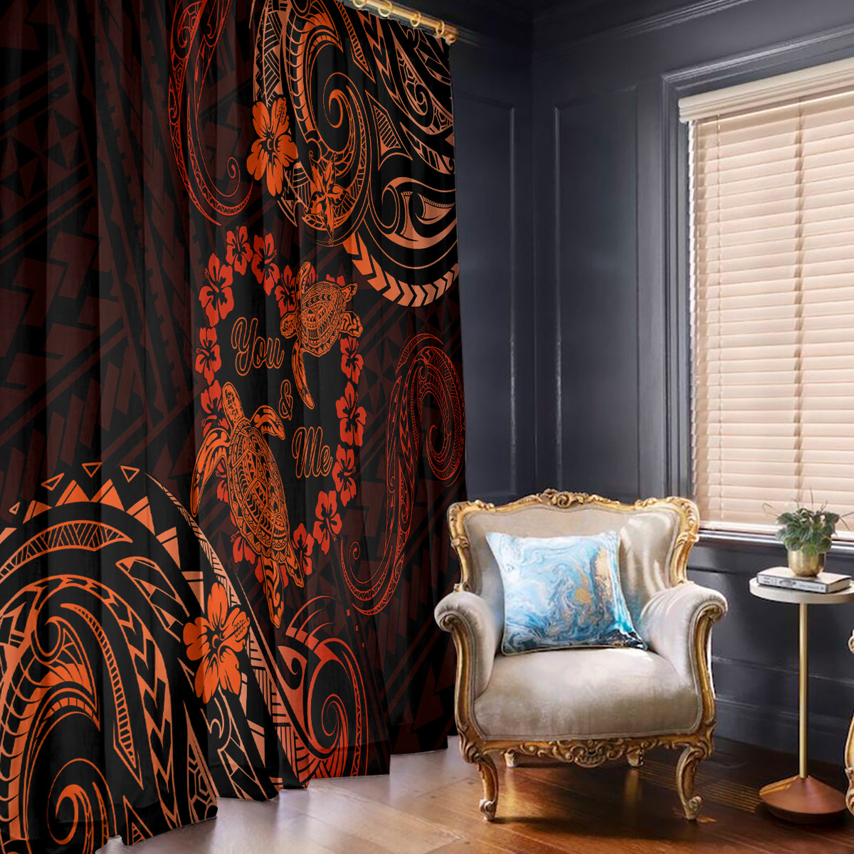 Polynesian Turtle Valentine Window Curtain You And Me Orange Hibiscus Heart LT01 - Polynesian Pride