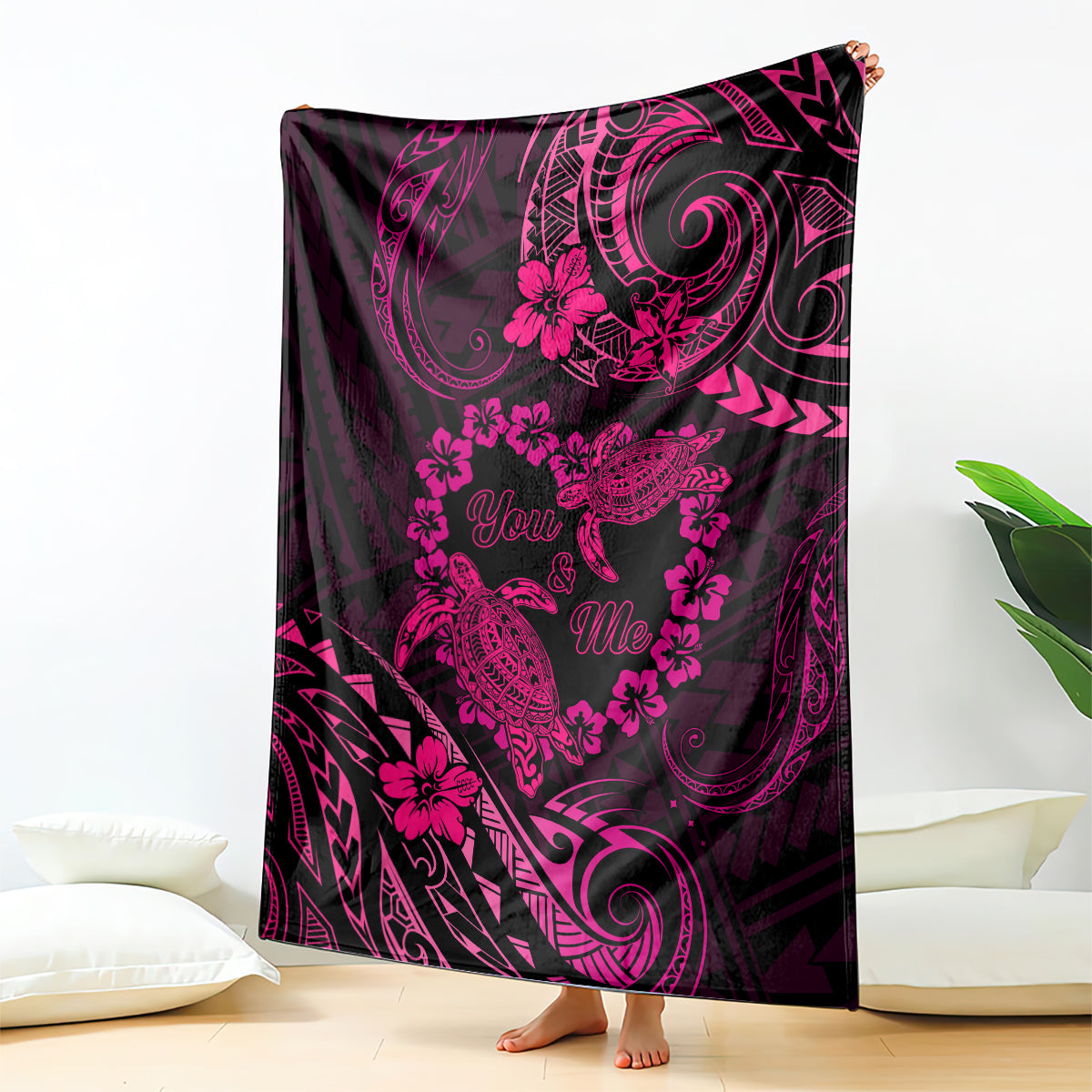 Polynesian Turtle Valentine Blanket You And Me Pink Hibiscus Heart LT01 Pink - Polynesian Pride