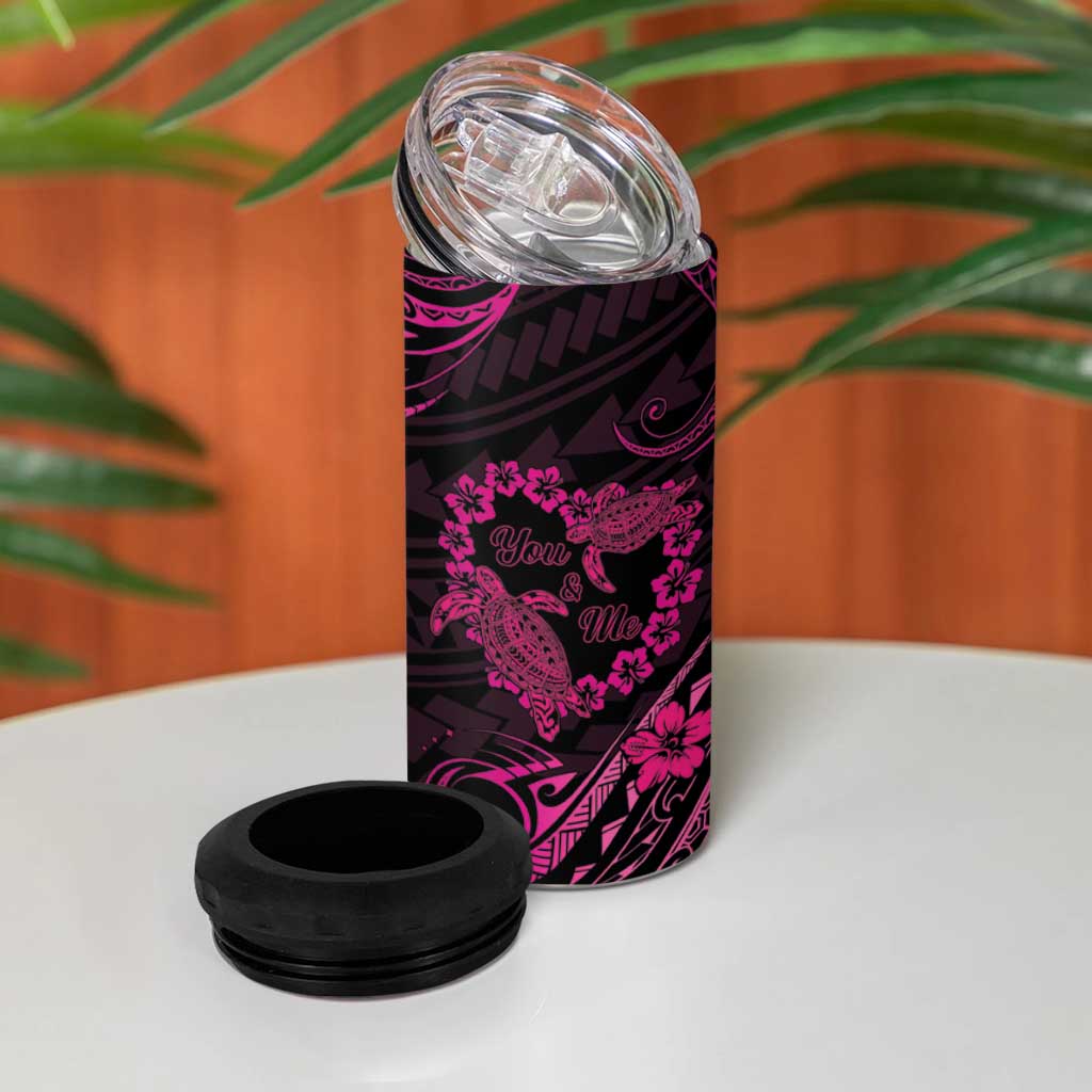 Polynesian Turtle Valentine 4 in 1 Can Cooler Tumbler You And Me Pink Hibiscus Heart