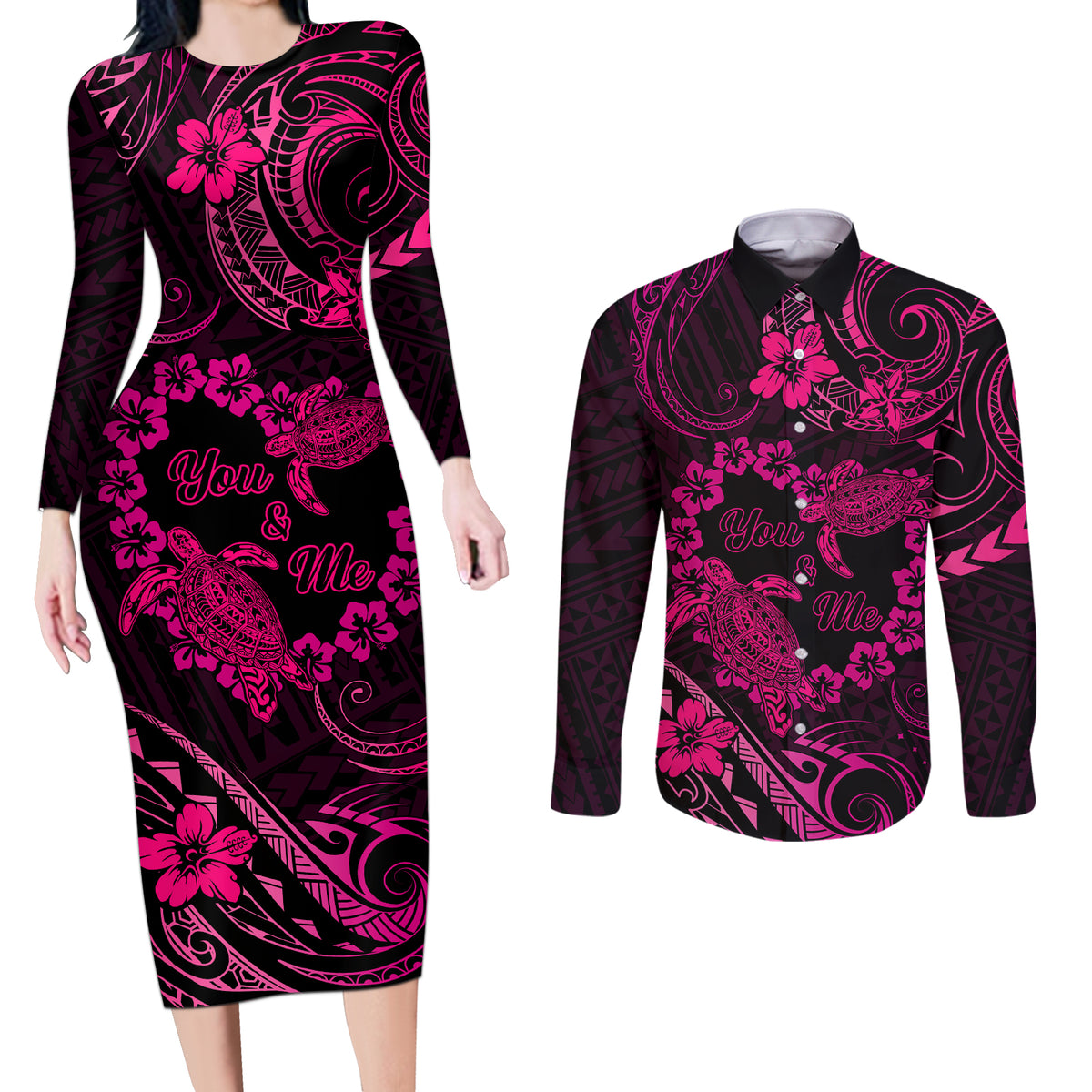 Polynesian Turtle Valentine Couples Matching Long Sleeve Bodycon Dress and Long Sleeve Button Shirt You And Me Pink Hibiscus Heart LT01 Pink - Polynesian Pride