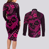 Polynesian Turtle Valentine Couples Matching Long Sleeve Bodycon Dress and Long Sleeve Button Shirt You And Me Pink Hibiscus Heart LT01 - Polynesian Pride