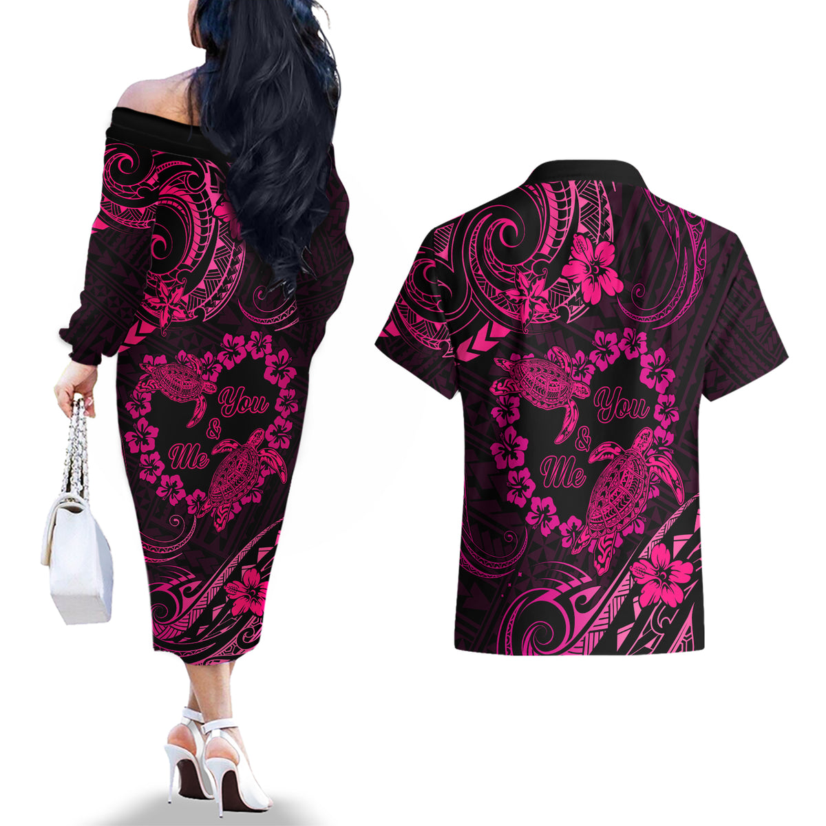 Polynesian Turtle Valentine Couples Matching Off The Shoulder Long Sleeve Dress and Hawaiian Shirt You And Me Pink Hibiscus Heart LT01 - Polynesian Pride