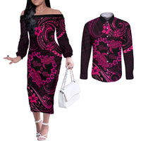 Polynesian Turtle Valentine Couples Matching Off The Shoulder Long Sleeve Dress and Long Sleeve Button Shirt You And Me Pink Hibiscus Heart LT01 Pink - Polynesian Pride