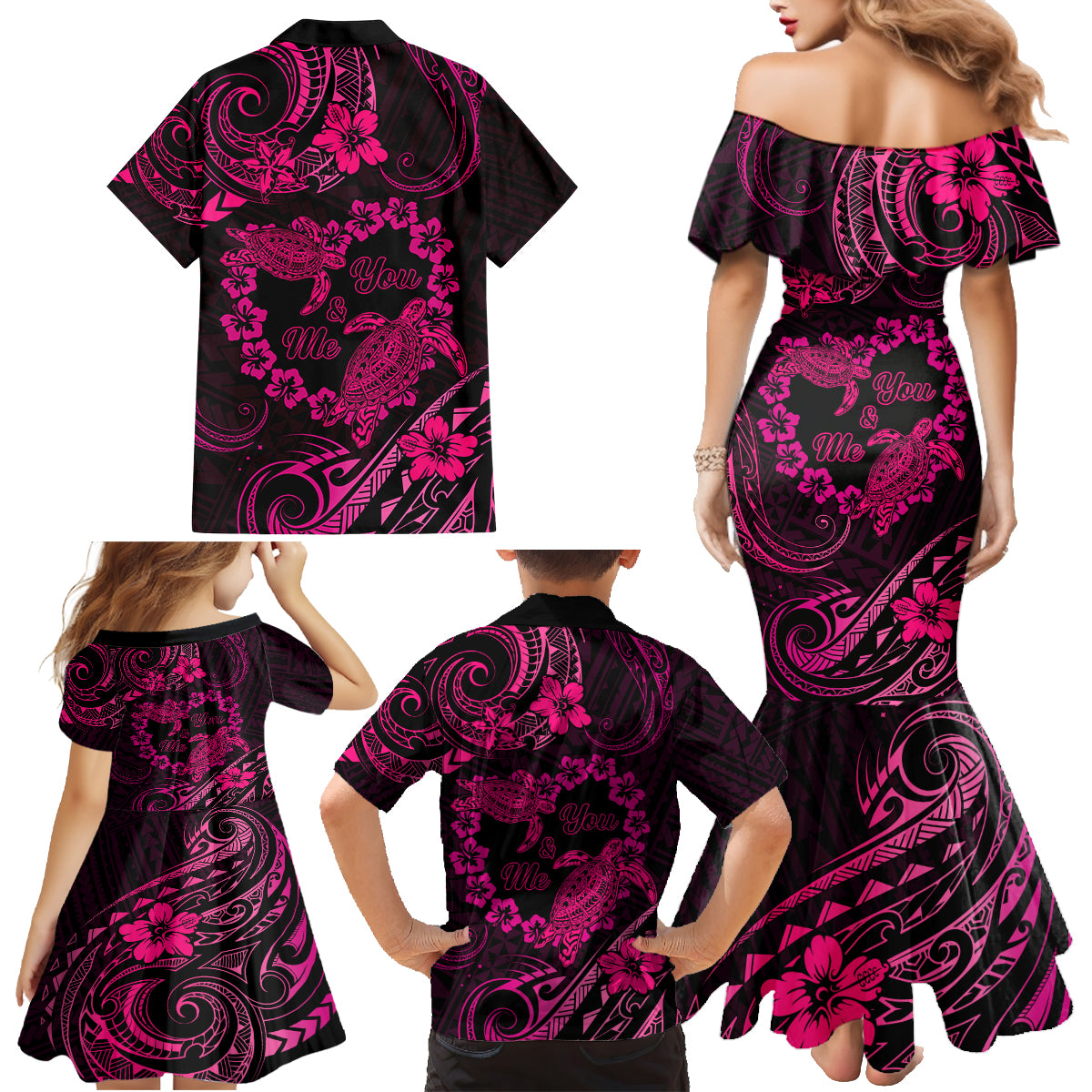 Polynesian Turtle Valentine Family Matching Mermaid Dress and Hawaiian Shirt You And Me Pink Hibiscus Heart LT01 - Polynesian Pride