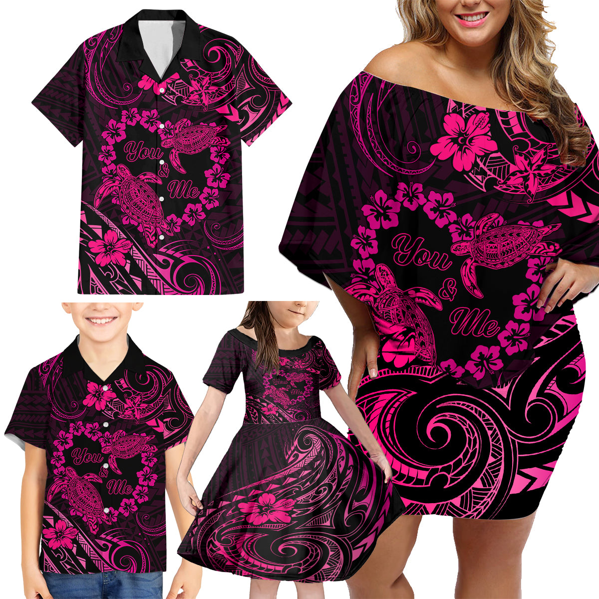 Polynesian Turtle Valentine Family Matching Off Shoulder Short Dress and Hawaiian Shirt You And Me Pink Hibiscus Heart LT01 - Polynesian Pride