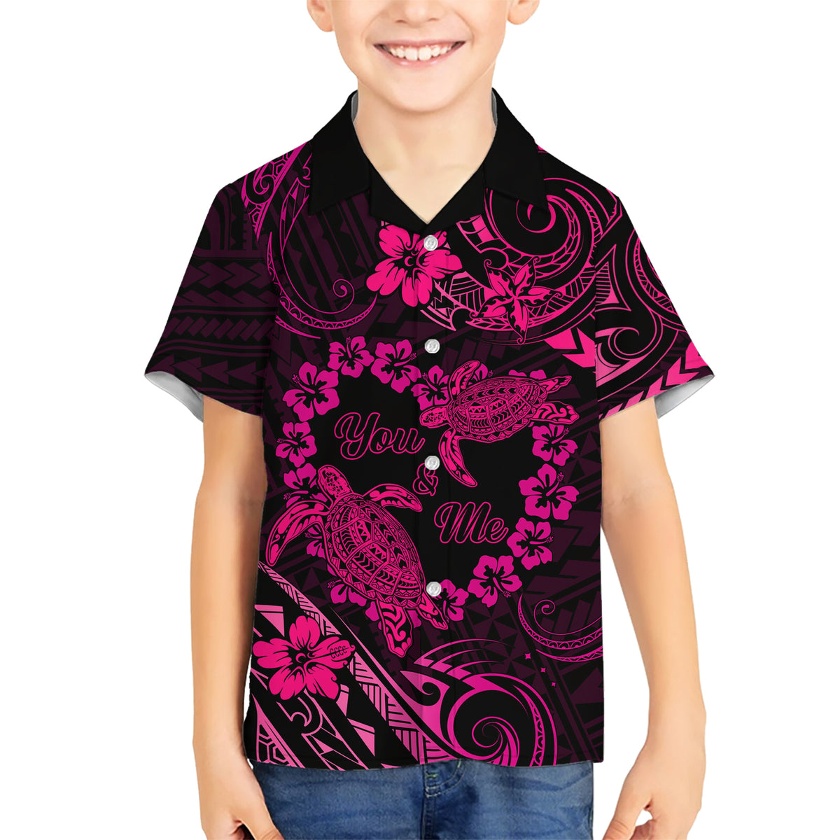 Polynesian Turtle Valentine Family Matching Short Sleeve Bodycon Dress and Hawaiian Shirt You And Me Pink Hibiscus Heart LT01 Son's Shirt Pink - Polynesian Pride