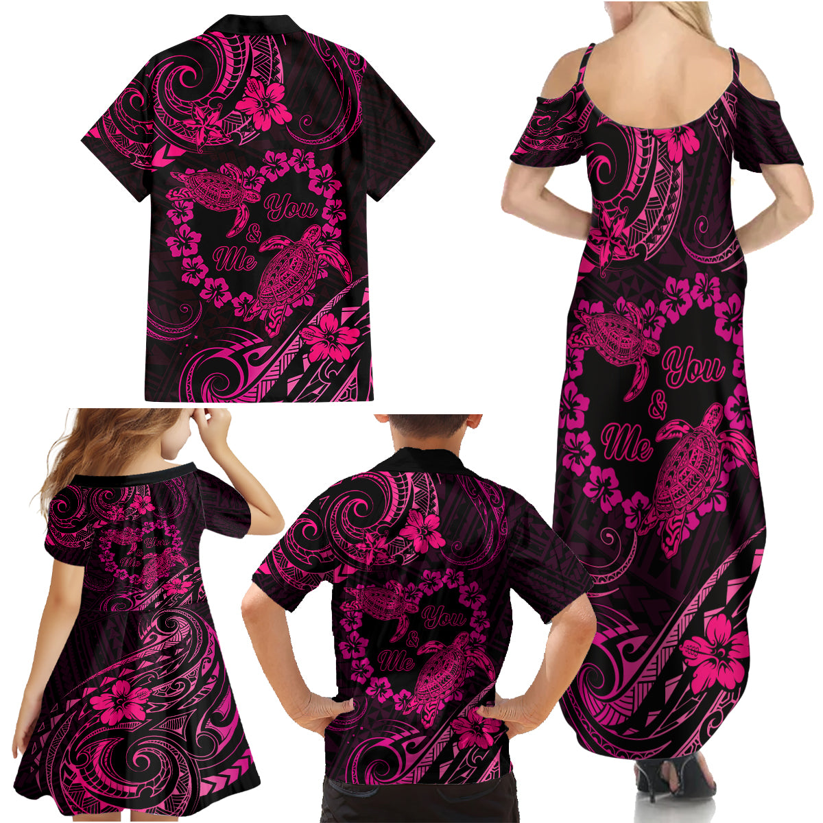 Polynesian Turtle Valentine Family Matching Summer Maxi Dress and Hawaiian Shirt You And Me Pink Hibiscus Heart LT01 - Polynesian Pride