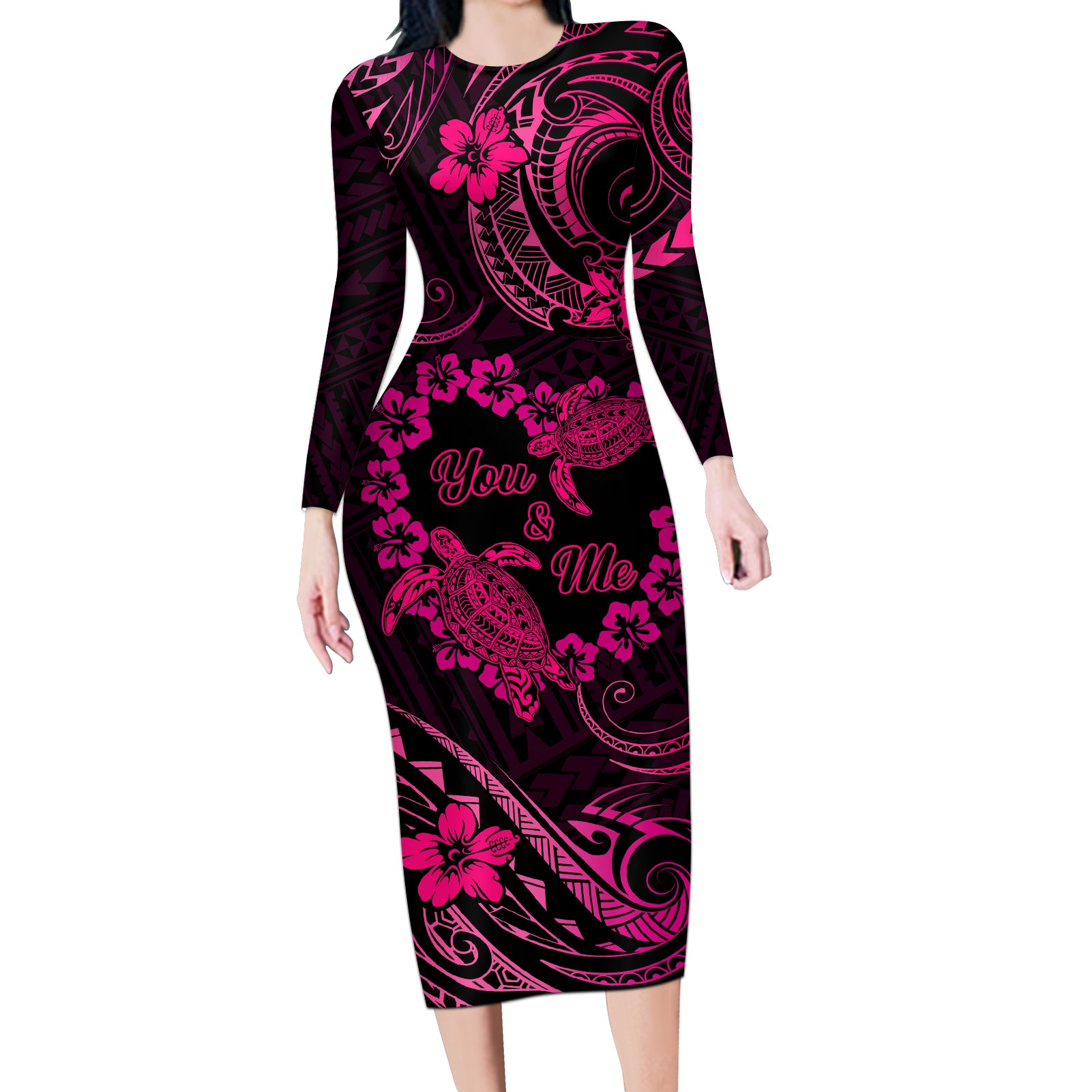 Polynesian Turtle Valentine Long Sleeve Bodycon Dress You And Me Pink Hibiscus Heart LT01 Long Dress Pink - Polynesian Pride