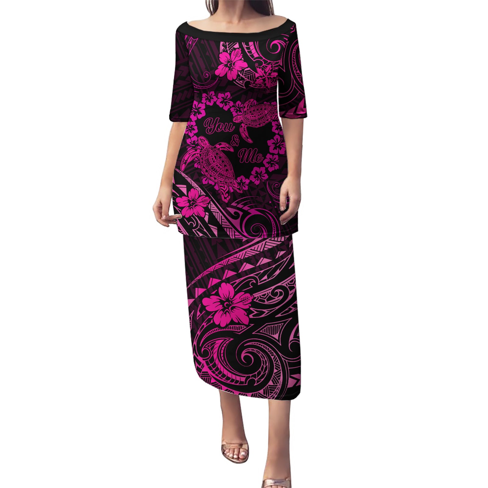 Polynesian Turtle Valentine Puletasi You And Me Pink Hibiscus Heart LT01 Long Dress Pink - Polynesian Pride