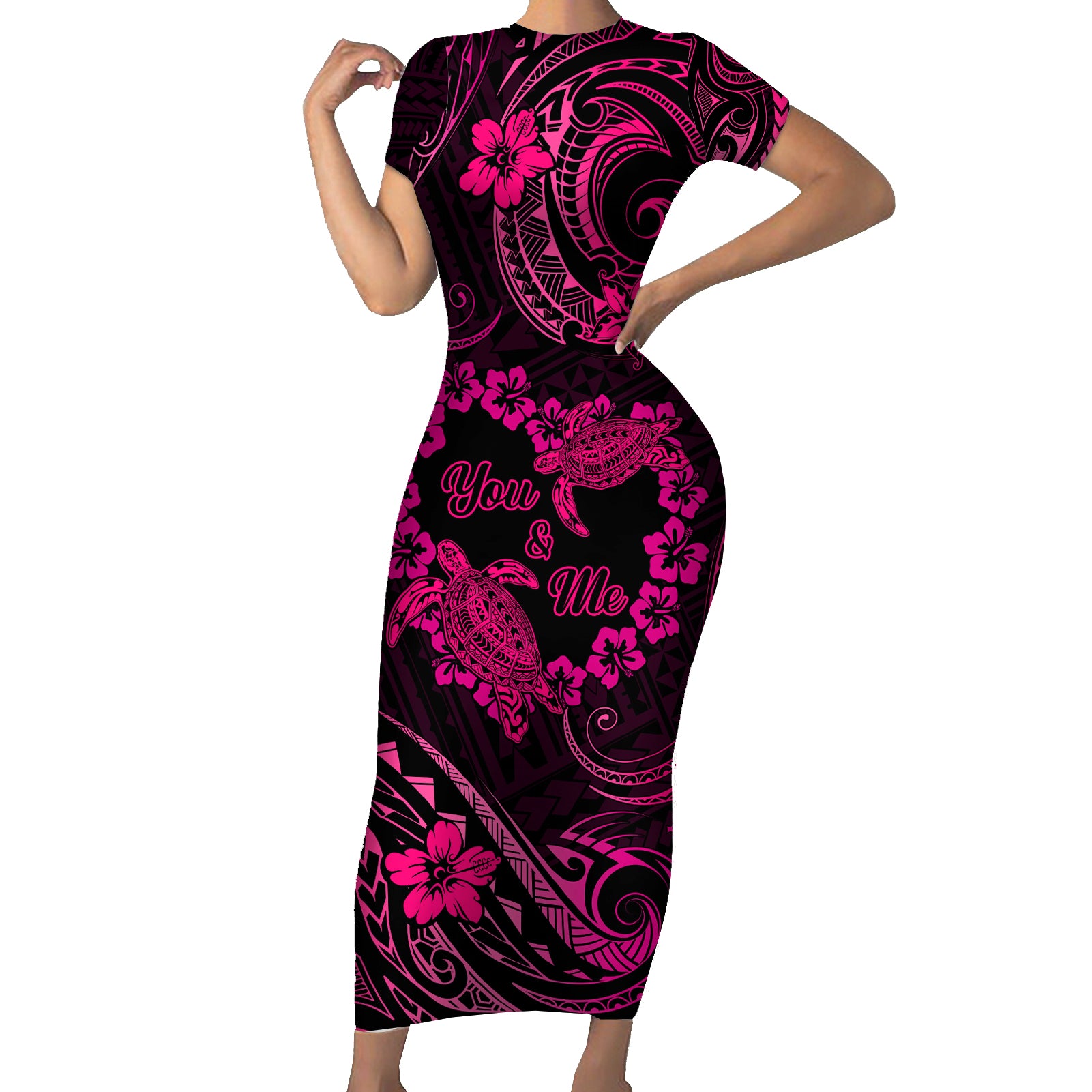 Polynesian Turtle Valentine Short Sleeve Bodycon Dress You And Me Pink Hibiscus Heart LT01 Long Dress Pink - Polynesian Pride