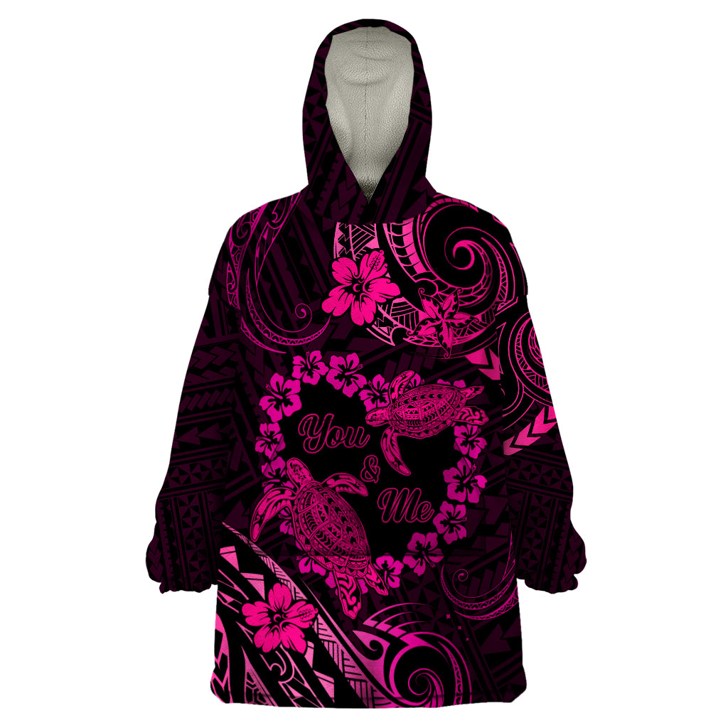 Polynesian Turtle Valentine Wearable Blanket Hoodie You And Me Pink Hibiscus Heart LT01 One Size Pink - Polynesian Pride