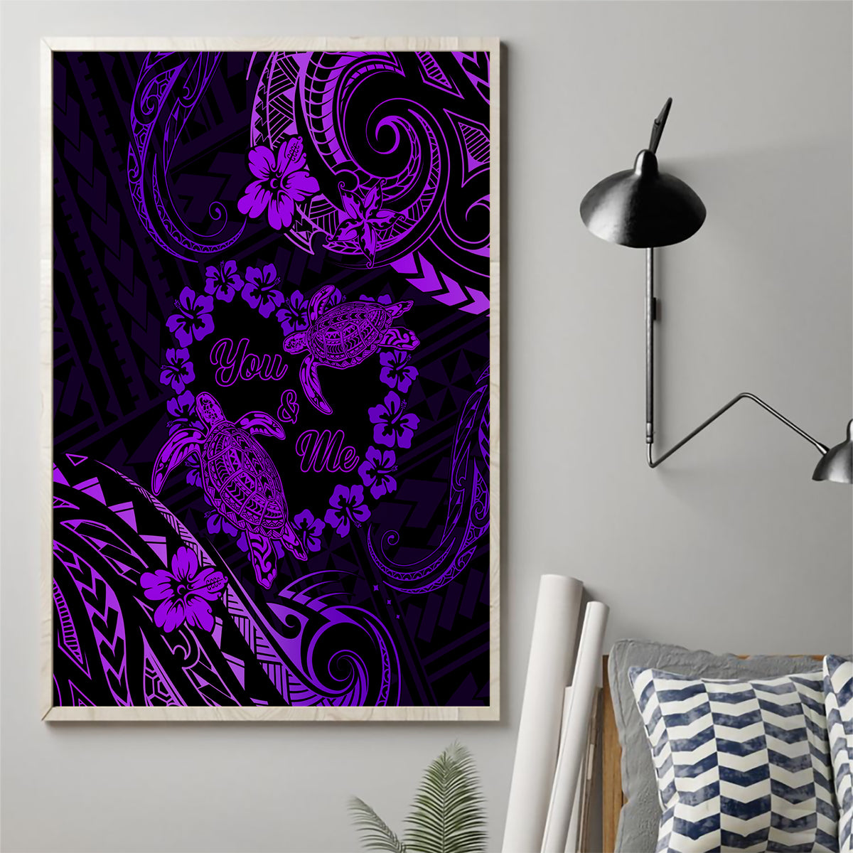 Polynesian Turtle Valentine Canvas Wall Art You And Me Purple Hibiscus Heart LT01 - Polynesian Pride