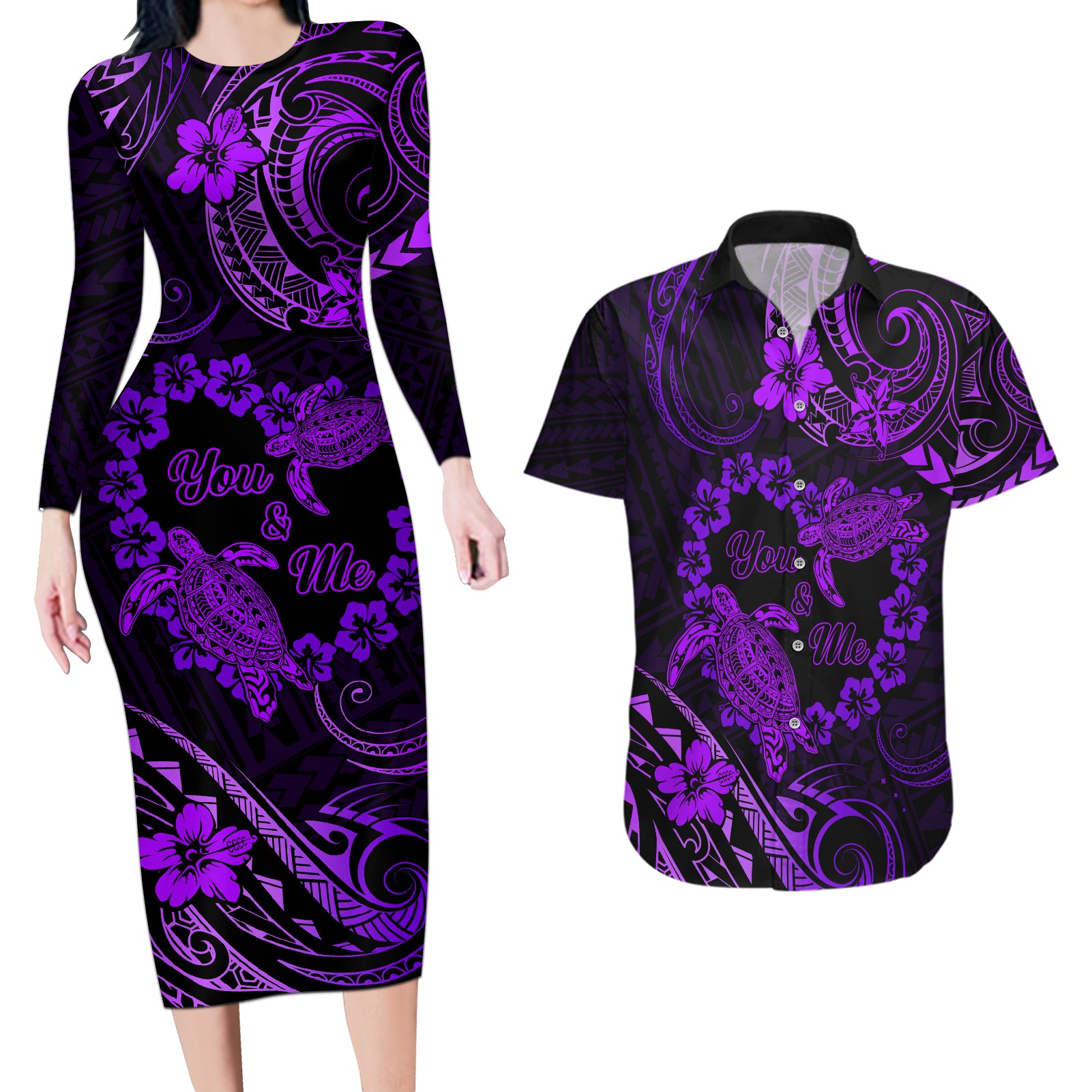 Polynesian Turtle Valentine Couples Matching Long Sleeve Bodycon Dress and Hawaiian Shirt You And Me Purple Hibiscus Heart LT01 Purple - Polynesian Pride