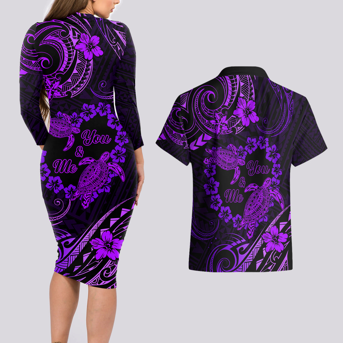 Polynesian Turtle Valentine Couples Matching Long Sleeve Bodycon Dress and Hawaiian Shirt You And Me Purple Hibiscus Heart LT01 - Polynesian Pride