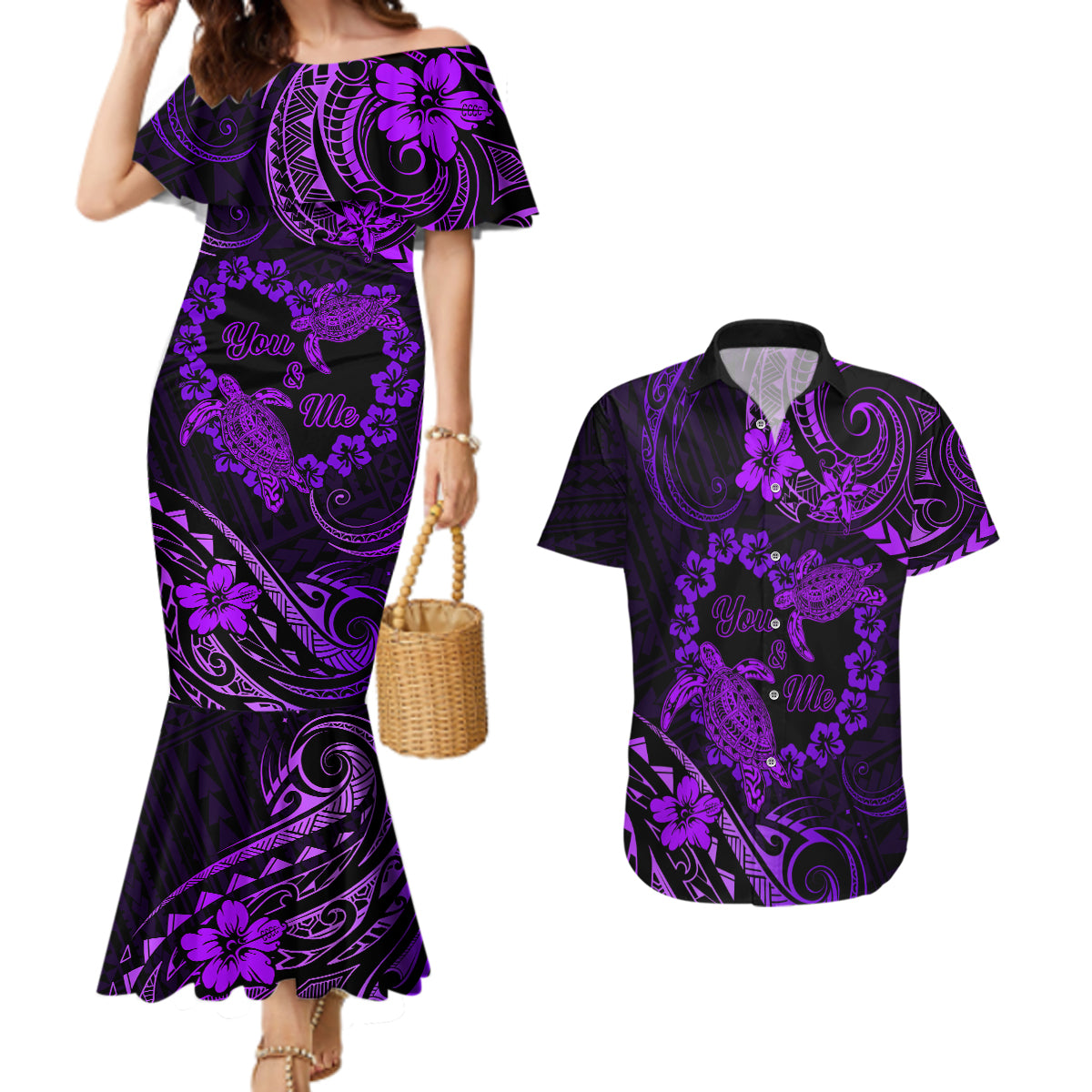 Polynesian Turtle Valentine Couples Matching Mermaid Dress and Hawaiian Shirt You And Me Purple Hibiscus Heart LT01 Purple - Polynesian Pride