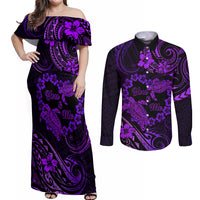 Polynesian Turtle Valentine Couples Matching Off Shoulder Maxi Dress and Long Sleeve Button Shirt You And Me Purple Hibiscus Heart LT01 Purple - Polynesian Pride