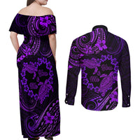 Polynesian Turtle Valentine Couples Matching Off Shoulder Maxi Dress and Long Sleeve Button Shirt You And Me Purple Hibiscus Heart LT01 - Polynesian Pride