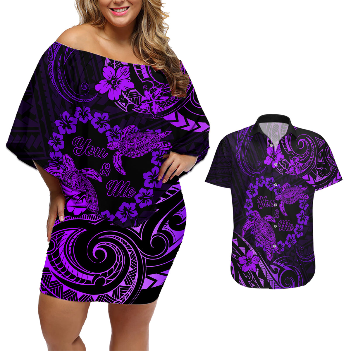 Polynesian Turtle Valentine Couples Matching Off Shoulder Short Dress and Hawaiian Shirt You And Me Purple Hibiscus Heart LT01 Purple - Polynesian Pride