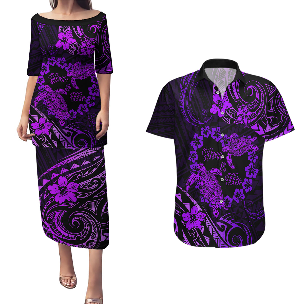 Polynesian Turtle Valentine Couples Matching Puletasi and Hawaiian Shirt You And Me Purple Hibiscus Heart LT01 Purple - Polynesian Pride