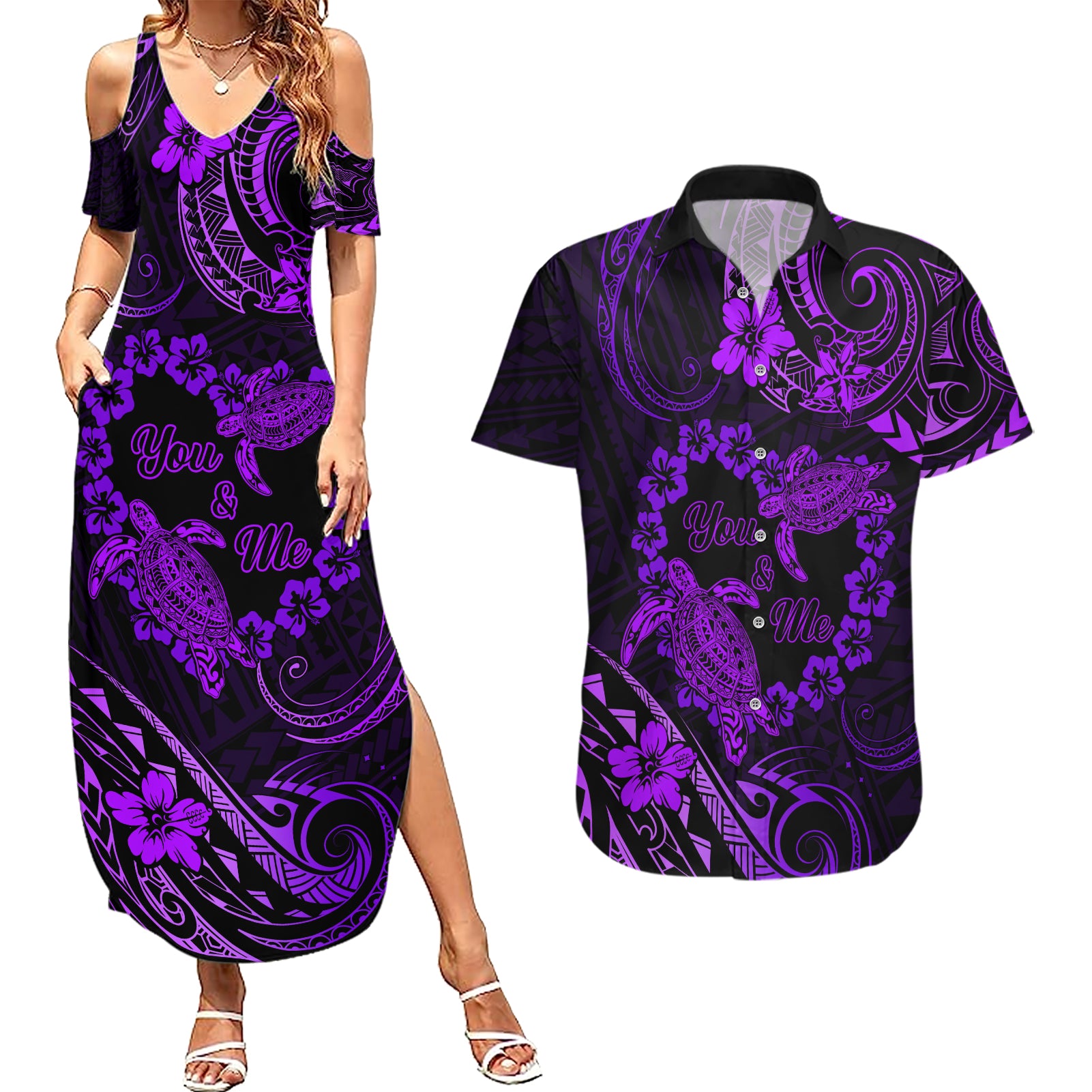 Polynesian Turtle Valentine Couples Matching Summer Maxi Dress and Hawaiian Shirt You And Me Purple Hibiscus Heart LT01 Purple - Polynesian Pride