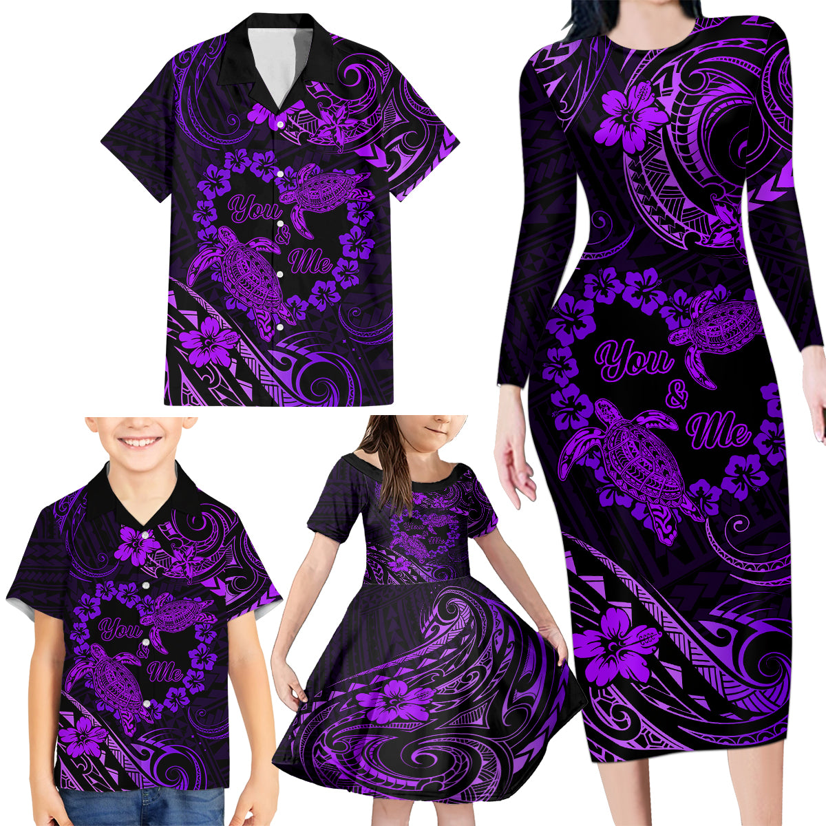 Polynesian Turtle Valentine Family Matching Long Sleeve Bodycon Dress and Hawaiian Shirt You And Me Purple Hibiscus Heart LT01 - Polynesian Pride