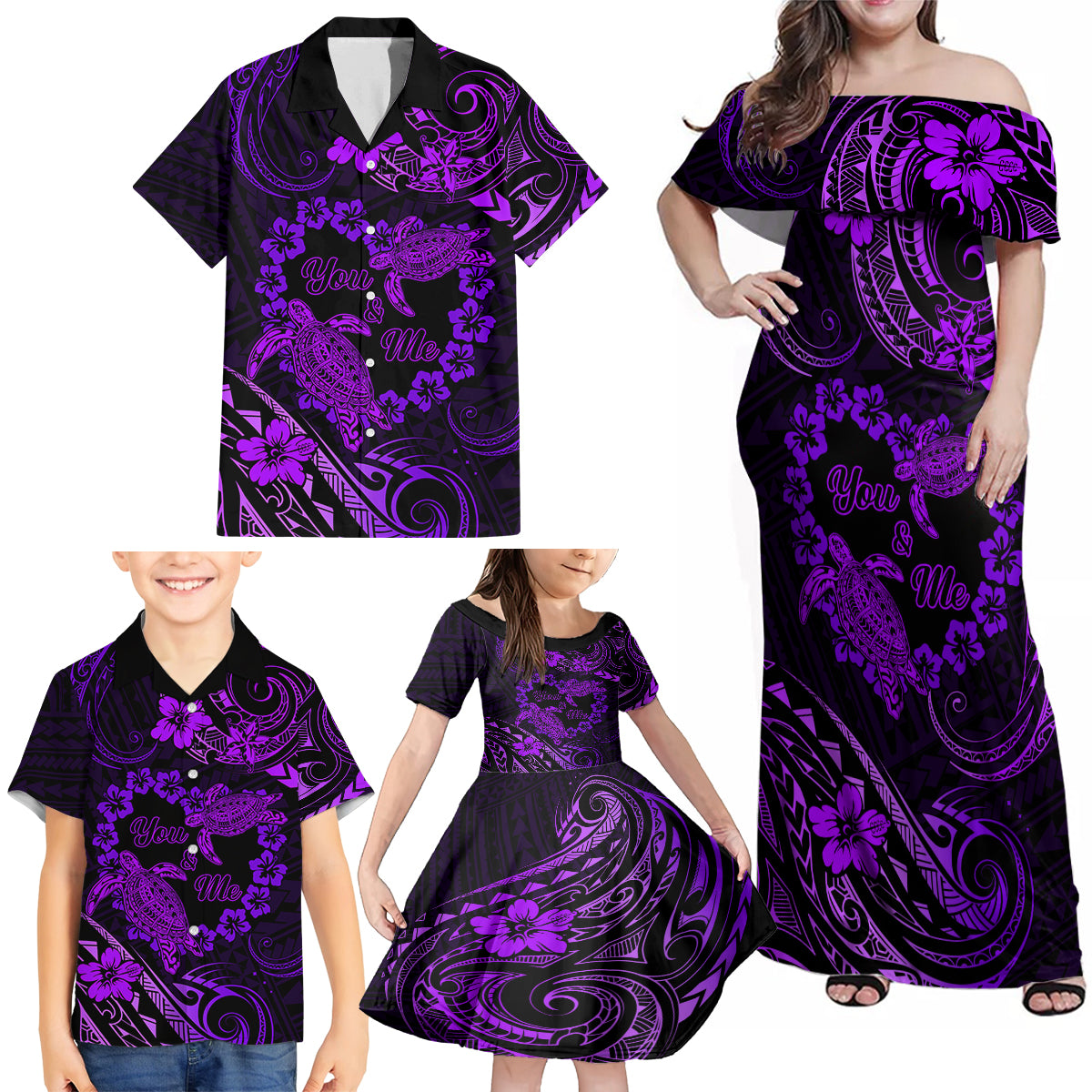 Polynesian Turtle Valentine Family Matching Off Shoulder Maxi Dress and Hawaiian Shirt You And Me Purple Hibiscus Heart LT01 - Polynesian Pride