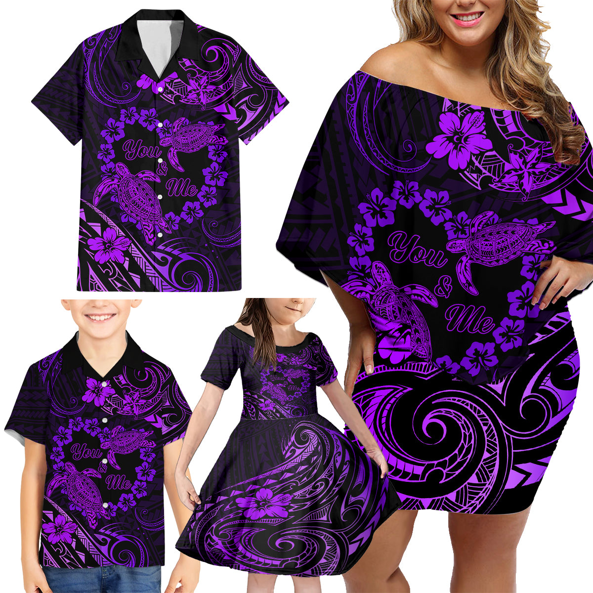 Polynesian Turtle Valentine Family Matching Off Shoulder Short Dress and Hawaiian Shirt You And Me Purple Hibiscus Heart LT01 - Polynesian Pride