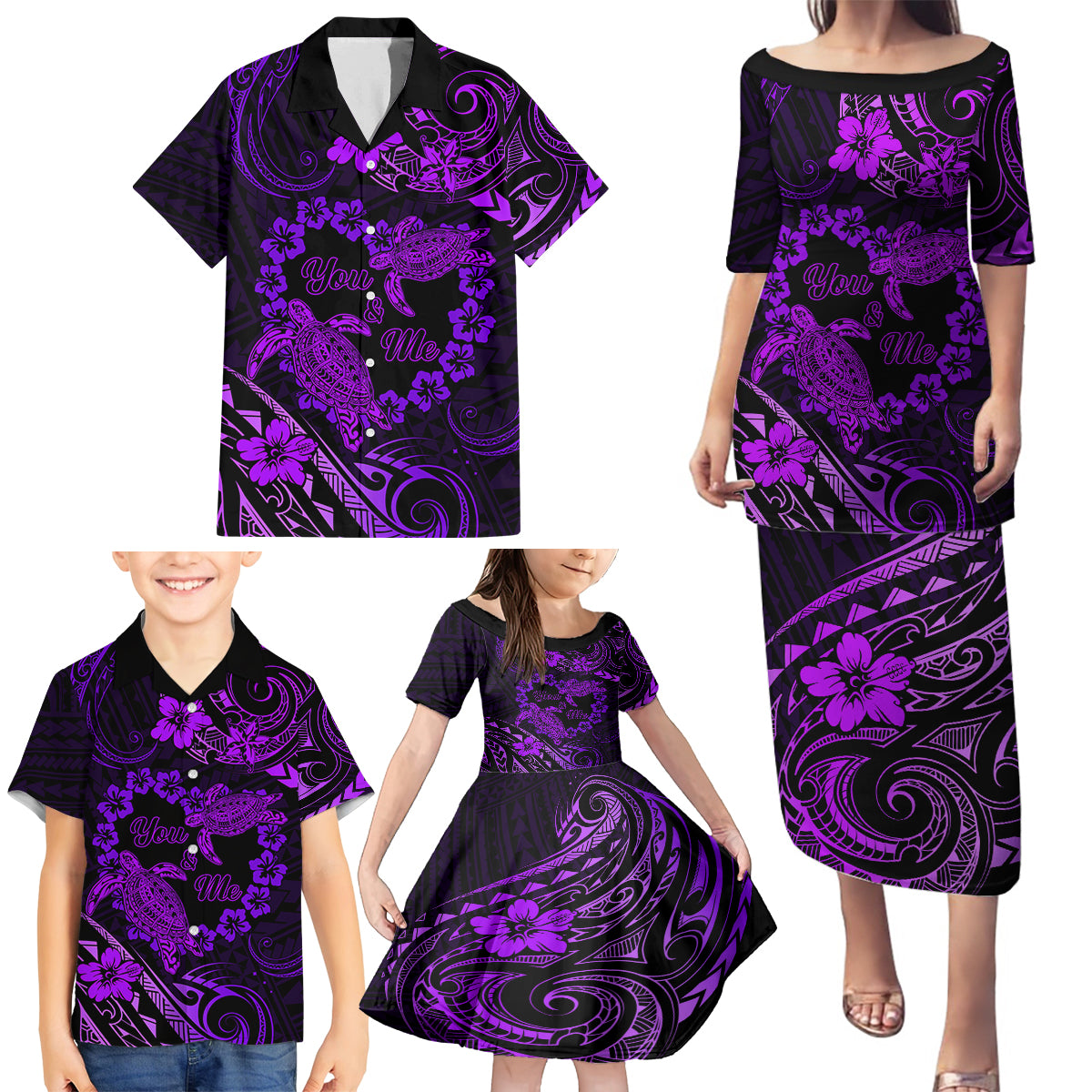 Polynesian Turtle Valentine Family Matching Puletasi and Hawaiian Shirt You And Me Purple Hibiscus Heart LT01 - Polynesian Pride