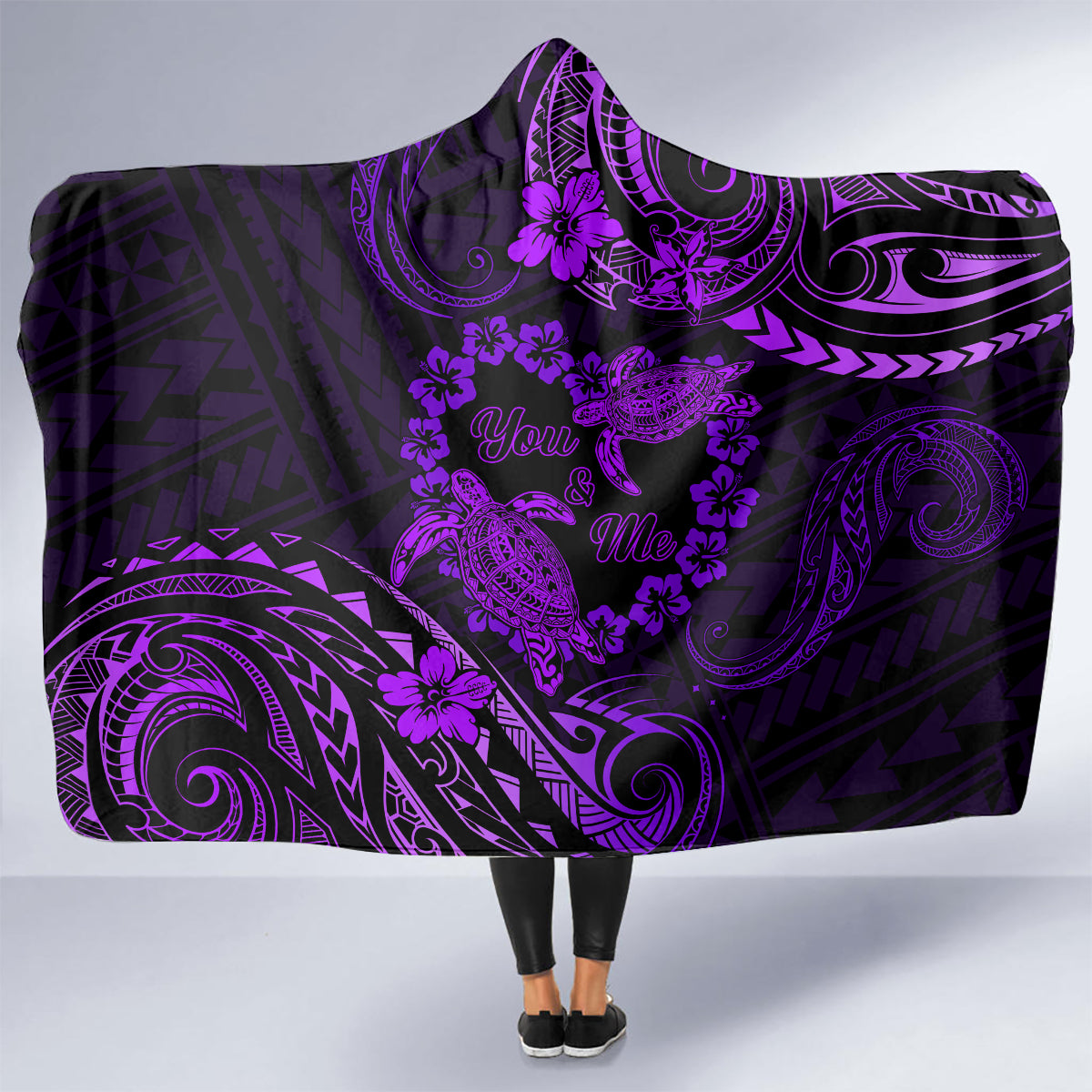 Polynesian Turtle Valentine Hooded Blanket You And Me Purple Hibiscus Heart LT01 - Polynesian Pride