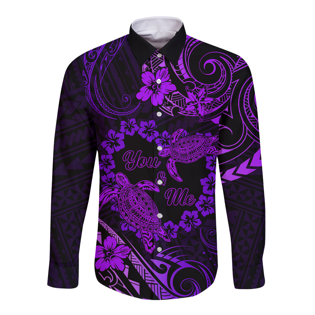 Polynesian Turtle Valentine Long Sleeve Button Shirt You And Me Purple Hibiscus Heart LT01 Unisex Purple - Polynesian Pride