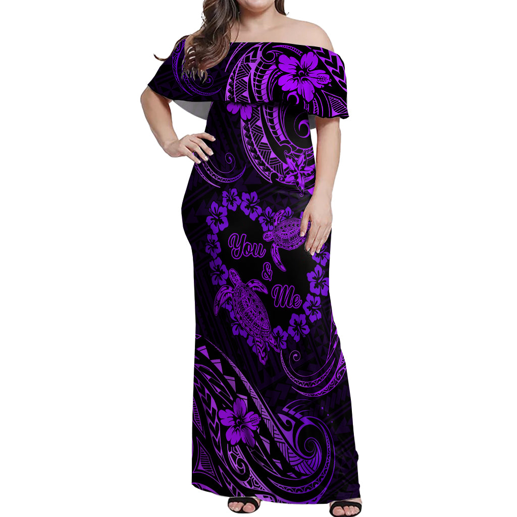 Polynesian Turtle Valentine Off Shoulder Maxi Dress You And Me Purple Hibiscus Heart LT01 Women Purple - Polynesian Pride