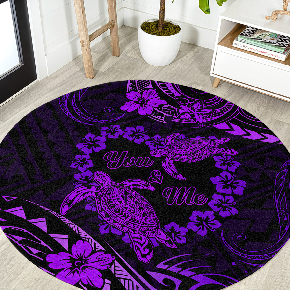 Polynesian Turtle Valentine Round Carpet You And Me Purple Hibiscus Heart LT01 Purple - Polynesian Pride