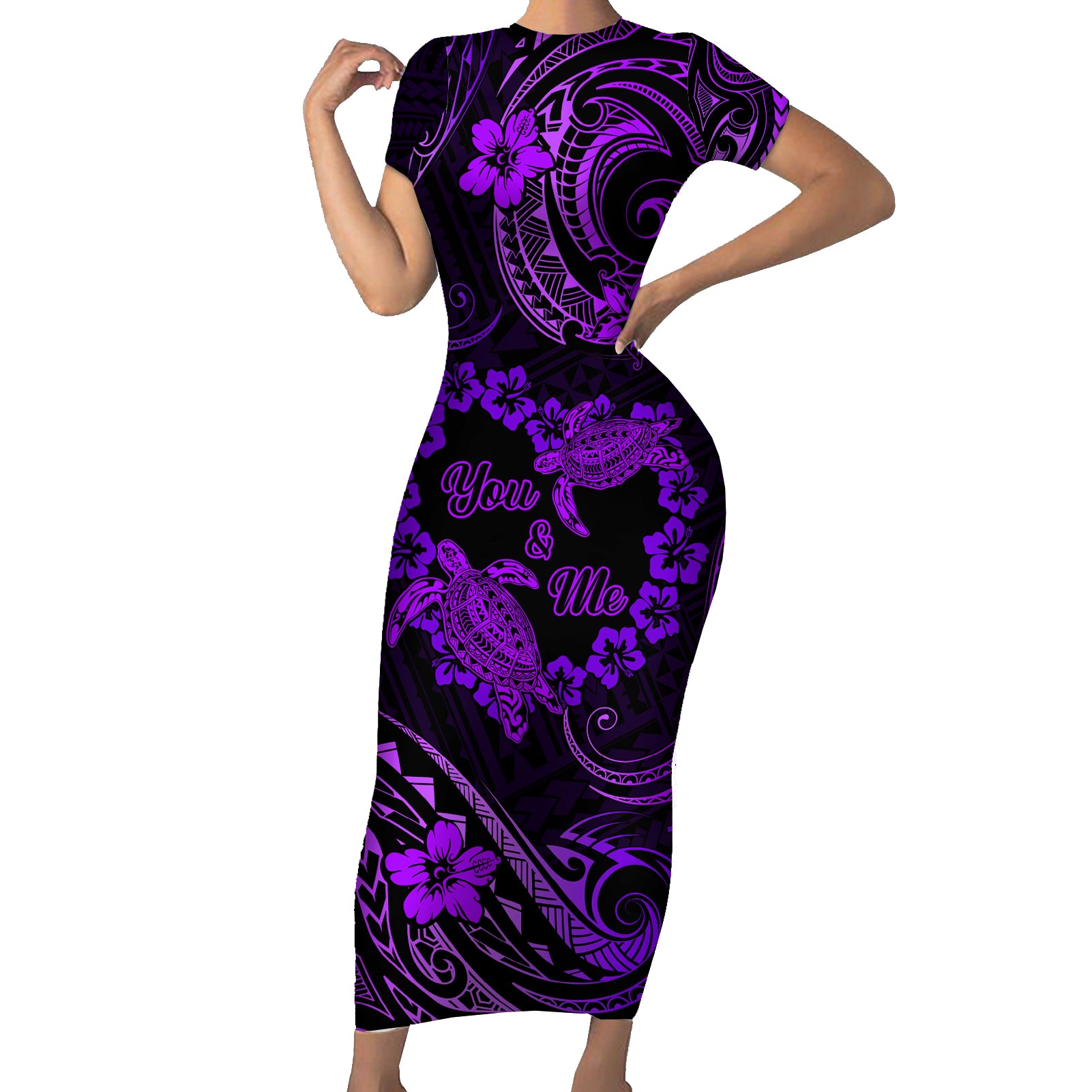 Polynesian Turtle Valentine Short Sleeve Bodycon Dress You And Me Purple Hibiscus Heart LT01 Long Dress Purple - Polynesian Pride