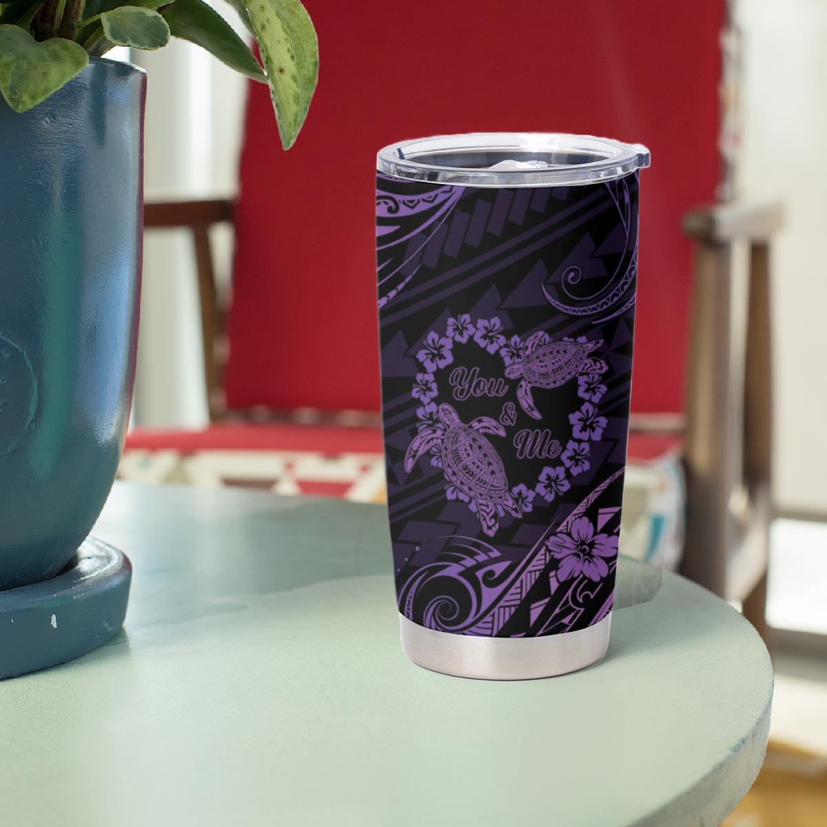 Polynesian Turtle Valentine Tumbler Cup You And Me Purple Hibiscus Heart LT01 - Polynesian Pride