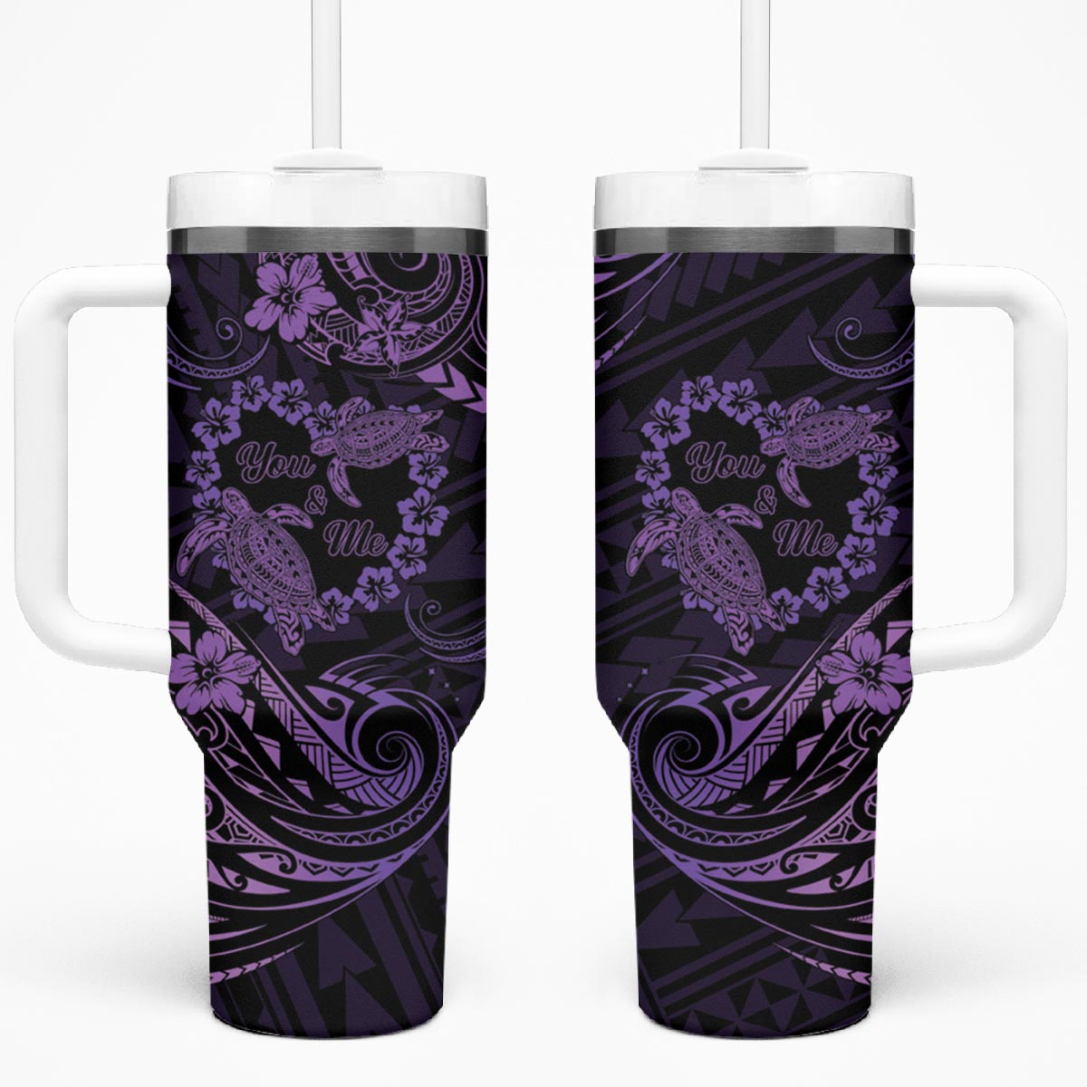 Polynesian Turtle Valentine Tumbler With Handle You And Me Purple Hibiscus Heart