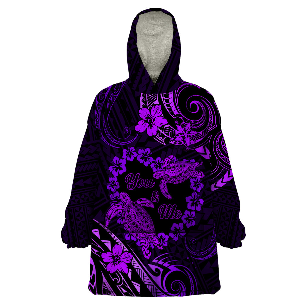 Polynesian Turtle Valentine Wearable Blanket Hoodie You And Me Purple Hibiscus Heart LT01 One Size Purple - Polynesian Pride